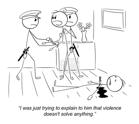 Illustration for Arrested murderer talking to cops about morale , vector gag cartoon stick figure or character illustration. - Royalty Free Image