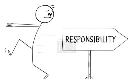 Illustration for Person or businessman running away from responsibility, vector cartoon stick figure or character illustration. - Royalty Free Image