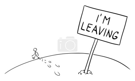 Unhappy dissatisfied person leaving and walking away, vector cartoon stick figure or character illustration.