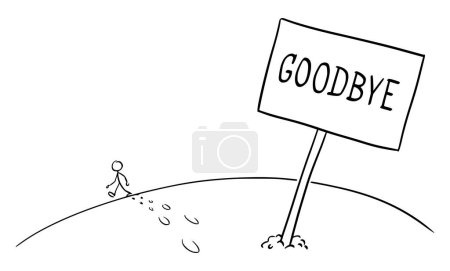 Unhappy dissatisfied person leaving and walking away with goodbye, vector cartoon stick figure or character illustration.