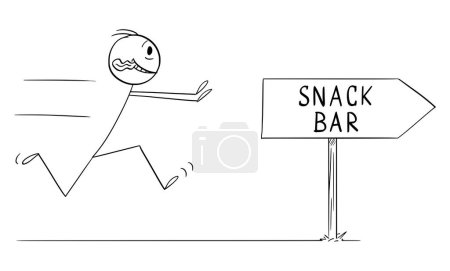 Thirsty or hungry person running for snack, looking for snack bar, vector cartoon stick figure or character illustration.