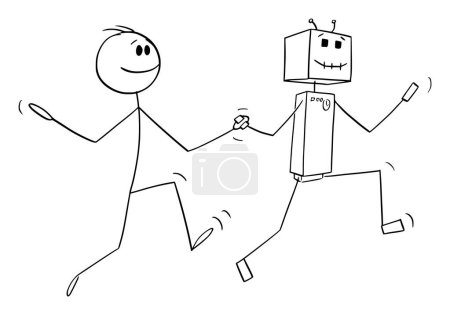 Illustration for Smiling happy person dancing or running hand to hand with Ai or robot, vector cartoon stick figure or character illustration. - Royalty Free Image