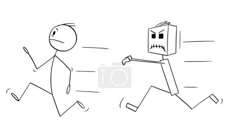 Illustration for Dangerous mad robot or Ai chasing running human, vector cartoon stick figure or character illustration. - Royalty Free Image