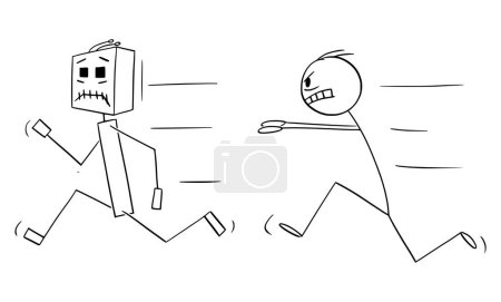 Illustration for Dangerous mad person or Ai chasing running robot, vector cartoon stick figure or character illustration. - Royalty Free Image