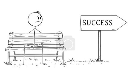 Illustration for Person sitting on park bench and procrastinating while success is waiting, vector cartoon stick figure or character illustration. - Royalty Free Image