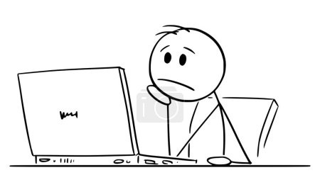 Trabajador de oficina frustrado o empresario que trabaja en la computadora, la figura del palo de dibujos animados del vector o la ilustración del carácter.