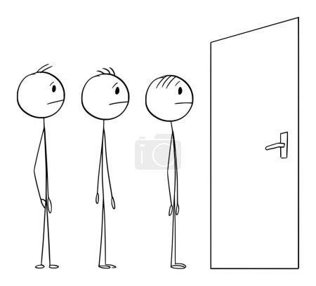 Téléchargez les illustrations : Ligne de personnes en attente d'opportunité devant une porte fermée, dessin animé vectoriel ou illustration de personnage. - en licence libre de droit
