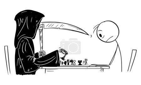 Illustration for Person playing chess with grim reaper or death, vector cartoon stick figure or character illustration. - Royalty Free Image