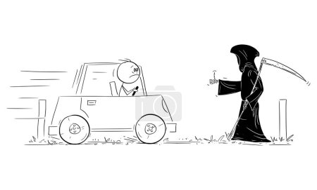 Ilustración de Segador sombrío o coche de autoestop de la muerte, figura del palo de la historieta del vector o ilustración del carácter. - Imagen libre de derechos
