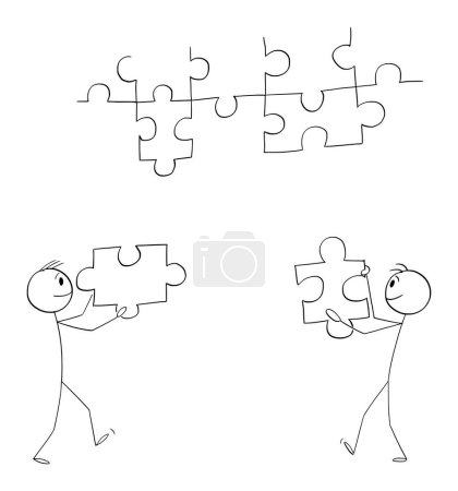 Geschäftsleute oder Personen, die gemeinsam Puzzle als kooperierendes Team, Vektor-Cartoon-Strichfigur oder Charakterillustration lösen.
