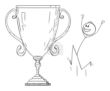Person celebrating trophy victory cup or award, vector cartoon stick figure or character illustration.