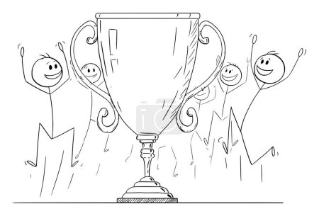 Equipo celebrando trofeo victoria copa o premio, vector de dibujos animados palo figura o personaje ilustración.