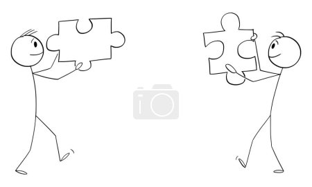 Businessmen or persons solving puzzle together as cooperating team, vector cartoon stick figure or character illustration.