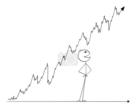 Bull market growing graph and happy businessman, vector cartoon stick figure or character illustration.
