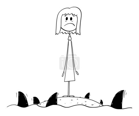 Alone woman on small island with sea and sharks all around, vector cartoon stick figure or character illustration.