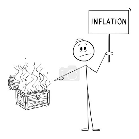 Inflation is destroying money in treasure chest, vector cartoon stick figure or character illustration.