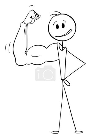 Illustration for Strong muscular man showing his powerful arm, vector cartoon stick figure or character illustration. - Royalty Free Image