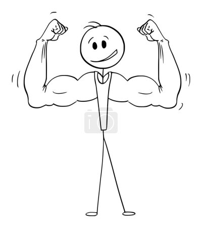 Illustration for Strong muscular man showing his powerful arms, vector cartoon stick figure or character illustration. - Royalty Free Image