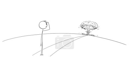 Illustration for Person standing on road and looking on nuclear explosion in far or future, vector cartoon stick figure or character illustration. - Royalty Free Image