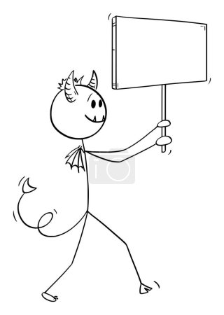 Devil walking and holding sign, vector cartoon stick figure or character illustration.
