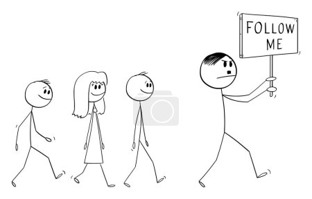 Dictator or criminal political leader walking with follow me sign, people are following, vector cartoon stick figure or character illustration.