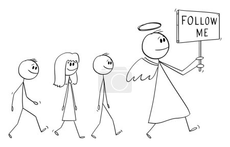 Ilustración de Ángel caminando y sosteniendo sígueme signo, la gente está siguiendo felizmente, vector de dibujos animados palo figura o ilustración de carácter. - Imagen libre de derechos