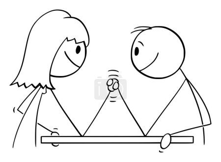 Illustration for Arm wrestling between smiling man and woman, vector cartoon stick figure or character illustration. - Royalty Free Image