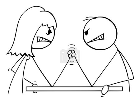 Illustration for Arm wrestling between angry man and woman, vector cartoon stick figure or character illustration. - Royalty Free Image