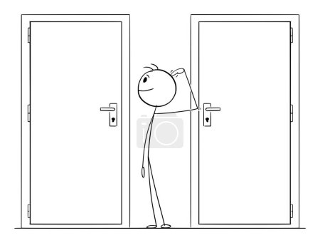 Téléchargez les illustrations : Choisissez la bonne porte pour ouvrir et entrer, dessin animé vectoriel ou illustration de personnage. - en licence libre de droit
