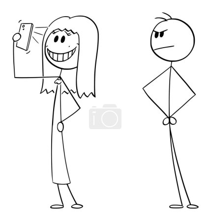 Téléchargez les illustrations : Femme prenant selfie avec téléphone, homme en colère est à la recherche, dessin animé vectoriel figure bâton ou illustration de personnage. - en licence libre de droit
