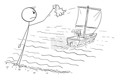 Illustration for Boat sails away with woman, man waves and say goodbye, vector cartoon stick figure or character illustration. - Royalty Free Image