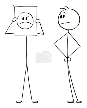 Show or hide your real emotion sad or sadness, vector cartoon stick figure or character illustration.