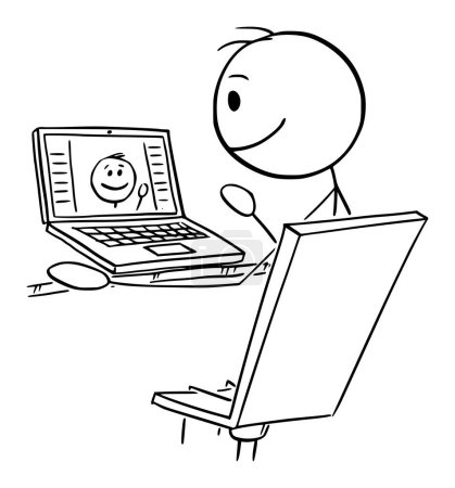 Téléchargez les illustrations : Appel vidéo et personne souriante travaillant dans le bureau, dessin animé vectoriel figure bâton ou illustration de personnage. - en licence libre de droit