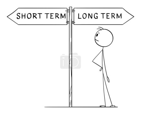 Choose or decide long term or short term, vector cartoon stick figure or character illustration.