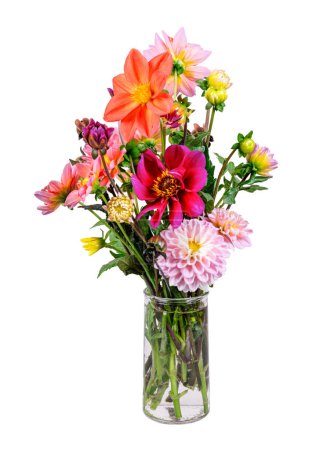 Foto de Primer plano de un arreglo floral de dalia aislado en un jarrón de vidrio - Imagen libre de derechos