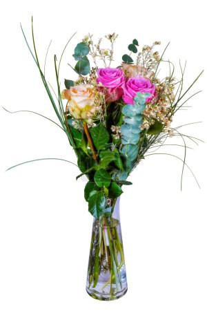 Closeup of an isolated flower arrangement in a glass vase