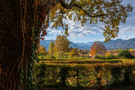 Paysage d'automne avec vue de la ville de Murnau aux Alpes
