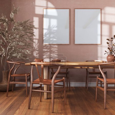 Holz-Retro-Esszimmer in weißen und orangen Tönen. Tisch mit Stühlen, Parkett, Dekoren und Gestell-Attrappe. Innenausbau auf dem Bauernhof