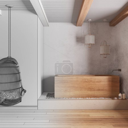 Téléchargez les photos : Architecte concept d'architecte d'intérieur : dessin à la main projet inachevé qui devient réel, salle de bain japandi avec baignoire en bois autoportante. Style de ferme - en image libre de droit