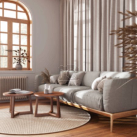 Photo for Blurred background, retro living room with curtains, fabric sofa and rattan carpet. Parquet floor and arched window. Farmhouse interior design - Royalty Free Image