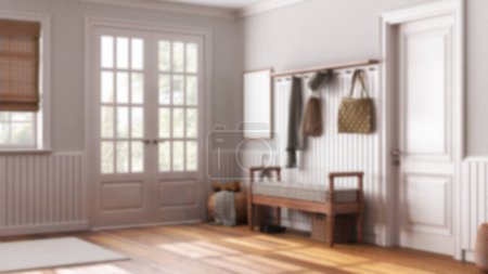 Photo for Blurred background, scandinavian hallway. Wooden bench and coat rack. Glass, wallpaper and entrance door, farmhouse interior design - Royalty Free Image