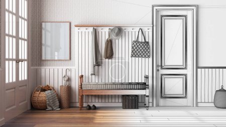 Photo for Architect interior designer concept: hand-drawn draft unfinished project that becomes real, nordic farmhouse hallway. Wooden bench and coat rack. Scandinavian style - Royalty Free Image