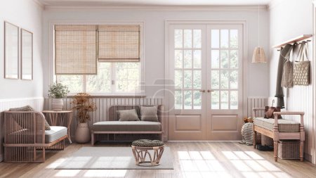 Photo for Farmhouse hallway and living room in white and beige tones with frame mockup. Bleached wooden bench, coat rack and sofa. Glass entrance door, vintage interior design - Royalty Free Image
