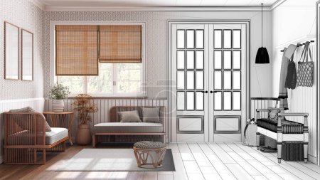 Photo for Architect interior designer concept: hand-drawn draft unfinished project that becomes real, farmhouse hallway and living room. Wooden bench, coat rack and sofa - Royalty Free Image