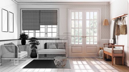 Photo for Architect interior designer concept: hand-drawn draft unfinished project that becomes real, farmhouse hallway and living room. Wooden bench, coat rack and sofa - Royalty Free Image