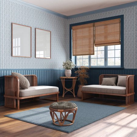 Photo for Japandi wooden living room in white and blue tones. Wooden sofa and rattan furniture. Wallpaper and frame mockup, farmhouse interior design - Royalty Free Image