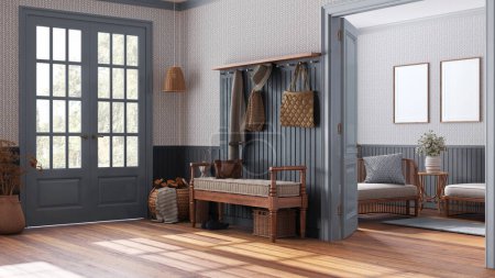 Photo for Scandinavian hallway and living room in white and gray tones. Wooden bench, sofa and coat rack. Wallpaper and entrance door, farmhouse interior design - Royalty Free Image