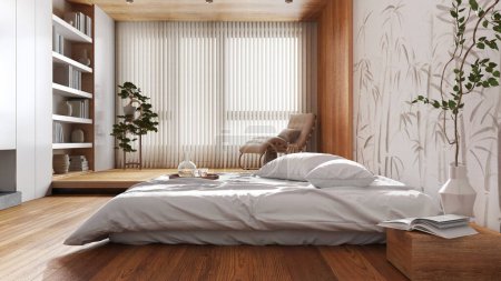 Téléchargez les photos : Japandi wooden bedroom in white and beige tones. Bed with pillows and decors. Wallpaper and parquet floor. Minimalist interior design - en image libre de droit