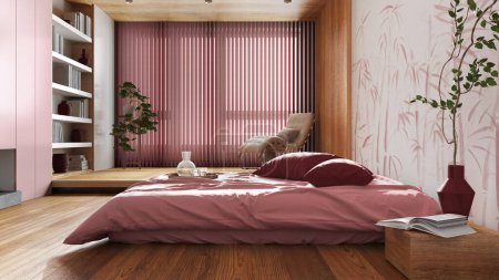 Foto de Japandi wooden bedroom in white and red tones. Bed with pillows and decors. Wallpaper and parquet floor. Minimalist interior design - Imagen libre de derechos