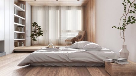 Photo for Japandi bleached wooden bedroom in white and beige tones. Bed with pillows and decors. Wallpaper and parquet floor. Minimalist interior design - Royalty Free Image